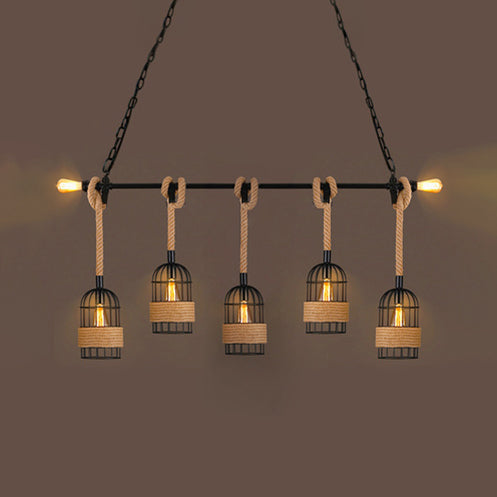 Industrial Birdcage Pendant Lighting with Natural Rope - 3/5 Bulbs, Black