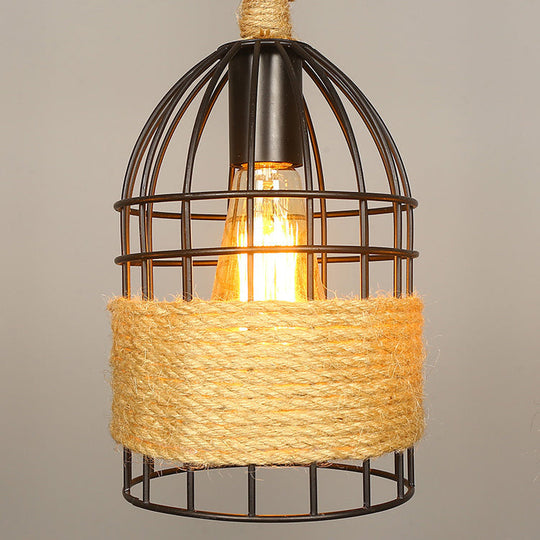 Industrial Birdcage Pendant Lighting with Natural Rope - 3/5 Bulbs, Black