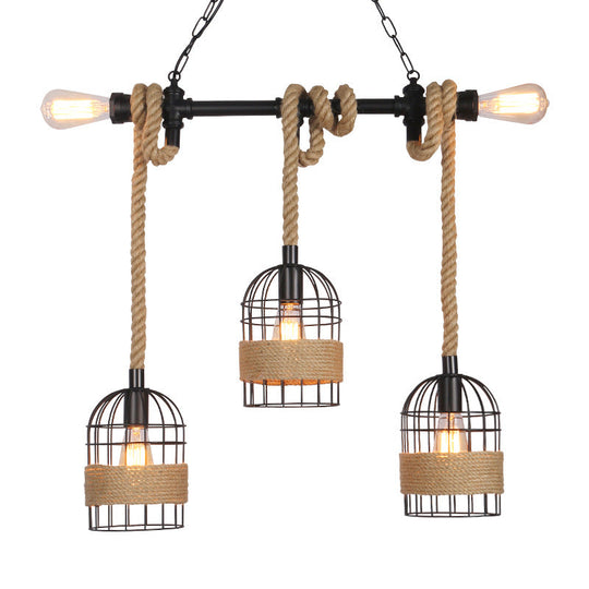 Industrial Birdcage Pendant Lighting with Natural Rope - 3/5 Bulbs, Black