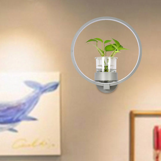 Antique Black/Grey/White Metal Sconce Light for Bedroom Wall Mount - Circular Design with Plant Cup