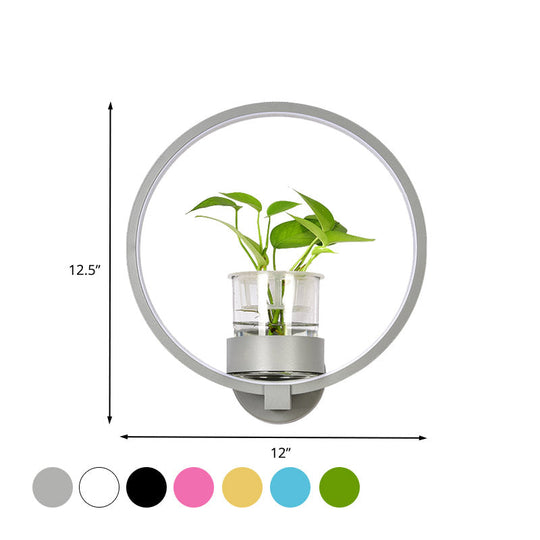 Antique Black/Grey/White Metal Sconce Light for Bedroom Wall Mount - Circular Design with Plant Cup