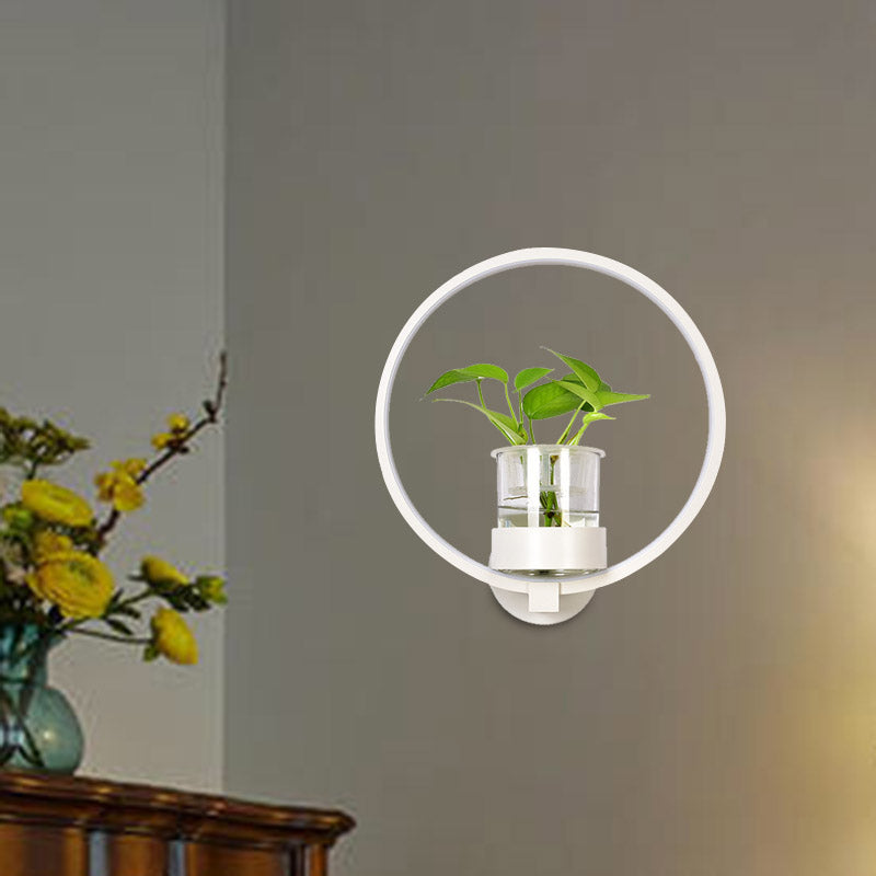 Antique Black/Grey/White Metal Sconce Light for Bedroom Wall Mount - Circular Design with Plant Cup