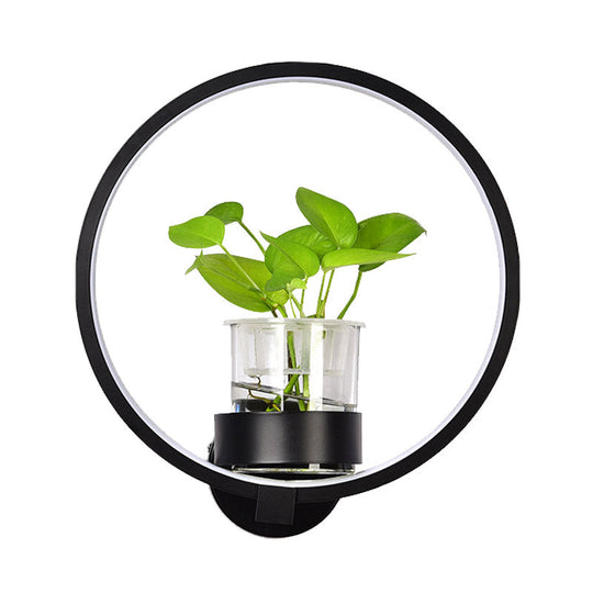 Antique Black/Grey/White Metal Sconce Light for Bedroom Wall Mount - Circular Design with Plant Cup