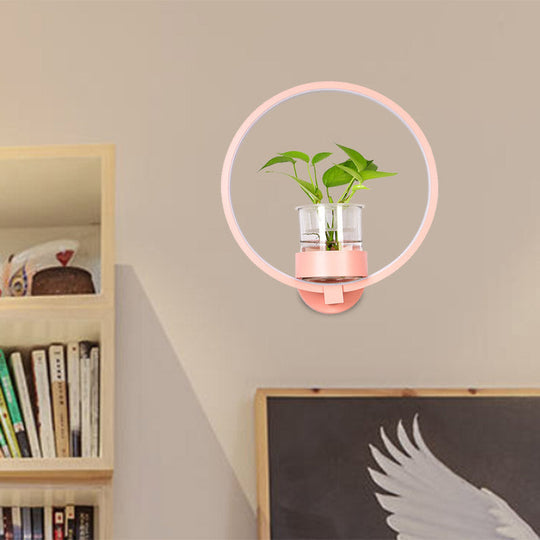 Antique Black/Grey/White Metal Sconce Light for Bedroom Wall Mount - Circular Design with Plant Cup