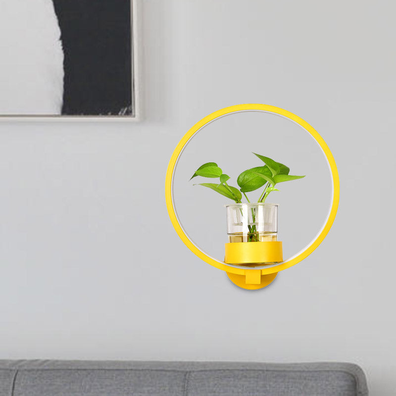 Antique Black/Grey/White Metal Sconce Light for Bedroom Wall Mount - Circular Design with Plant Cup