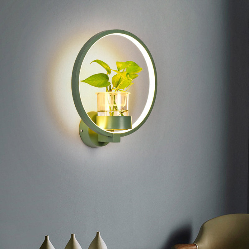 Antique Black/Grey/White Metal Sconce Light for Bedroom Wall Mount - Circular Design with Plant Cup