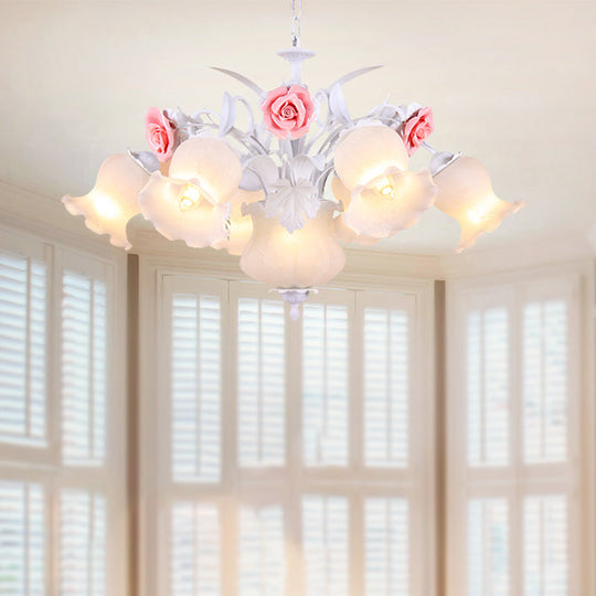 Countryside Blossom Chandelier - 8 Head White Glass Pendant Ceiling Light for Dining Room