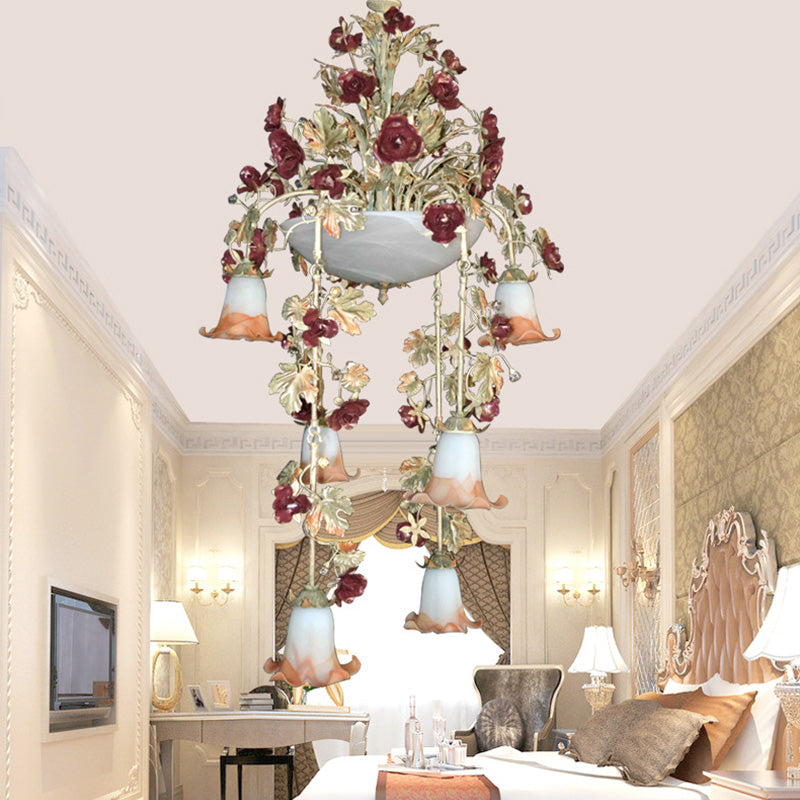 Blossom White Chandelier with 10 LED Bulbs - Elegant Bedroom Lighting in Pink/Red