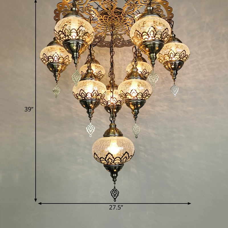 Vintage Crackle Glass Bronze Oval Chandelier with 10 Suspension Lights