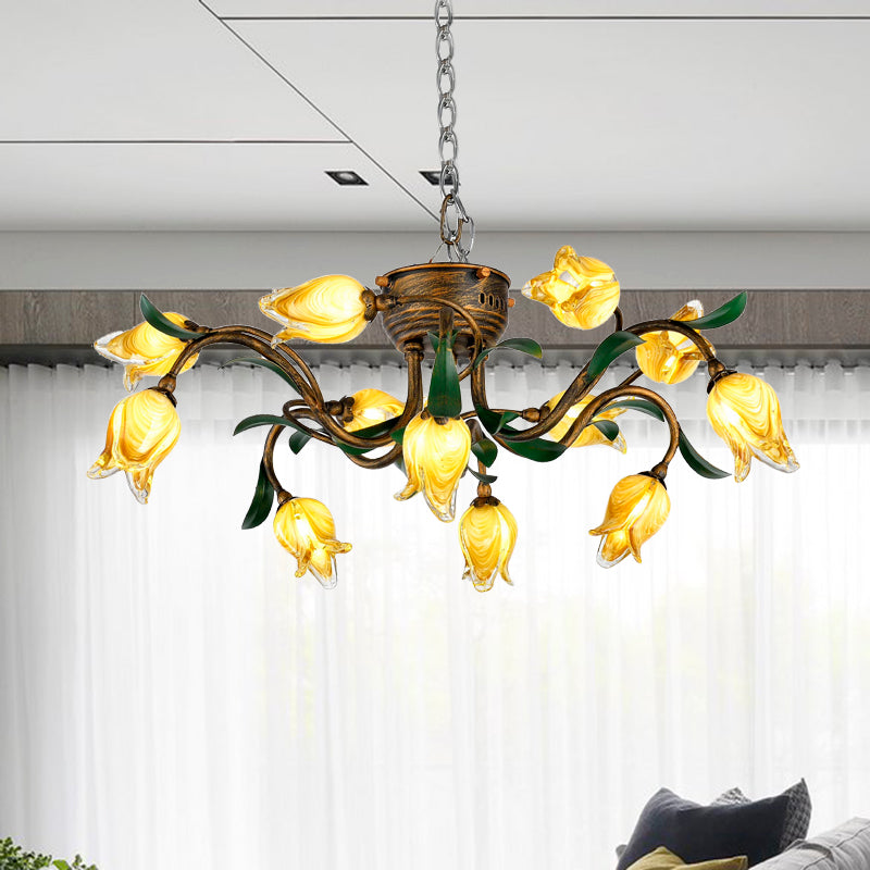 Brass Chandelier Light Fixture - 12-Bulb Korean Garden LED Drop Pendant for Dining Room