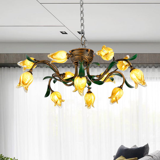 Brass Chandelier Light Fixture - 12-Bulb Korean Garden LED Drop Pendant for Dining Room