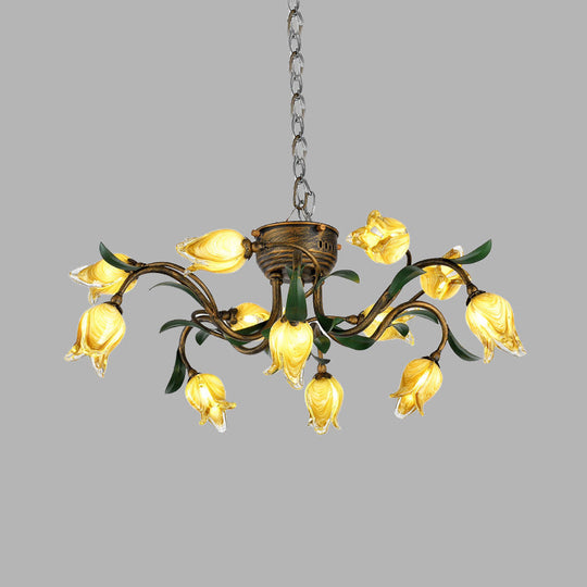 Brass Chandelier Light Fixture - 12-Bulb Korean Garden LED Drop Pendant for Dining Room