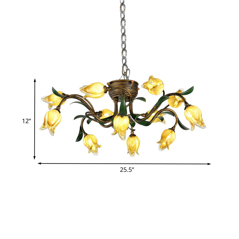 Brass Chandelier Light Fixture - 12-Bulb Korean Garden LED Drop Pendant for Dining Room