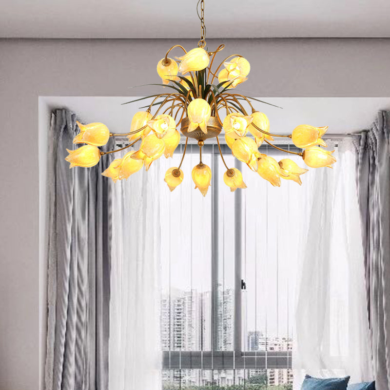 Romantic Metal Tulip/Lily Chandelier Light Fixture - 25-Light LED Ceiling Pendant in Brass for Living Room