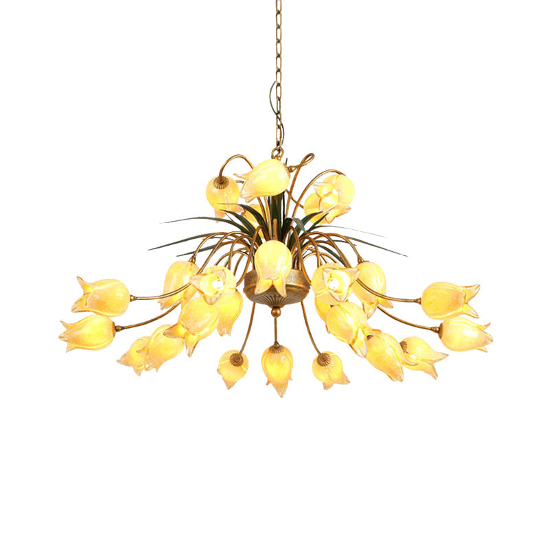 Romantic Metal Tulip/Lily Chandelier Light Fixture - 25-Light LED Ceiling Pendant in Brass for Living Room