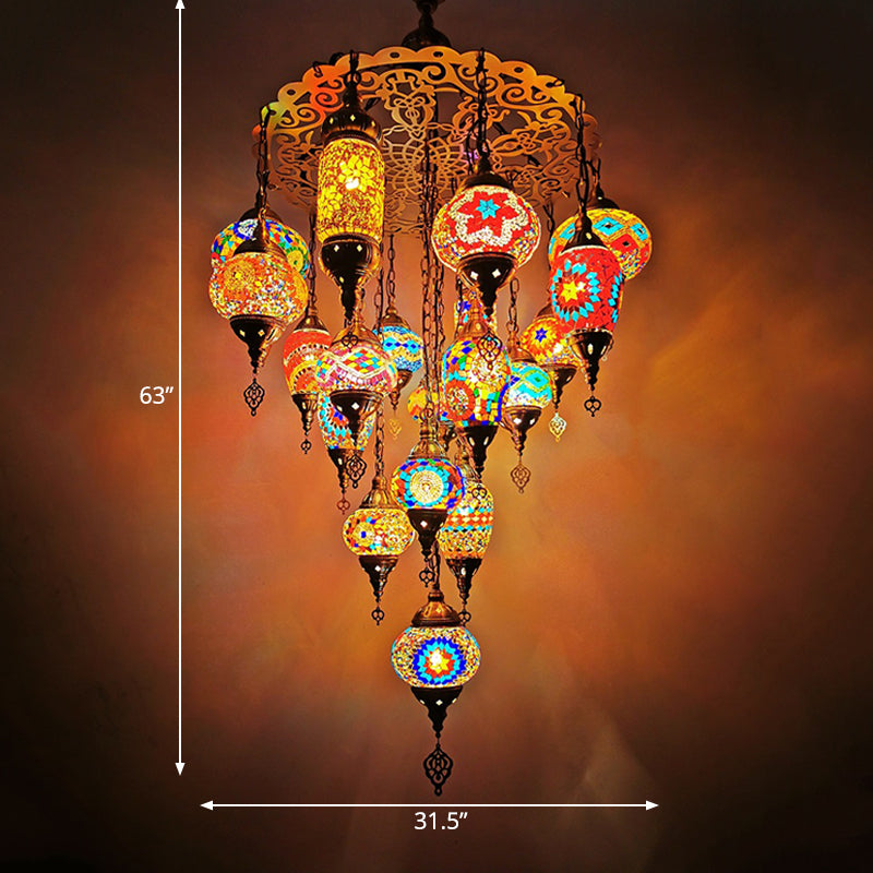 Traditional Stained Glass 19-Head Restaurant Chandelier Lamp: Orange/Blue Oval and Cylinder Hanging Light Fixture