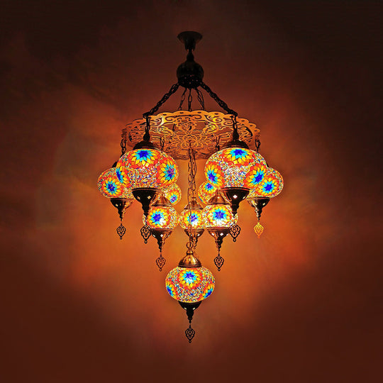 Traditional Oval Chandelier Lamp - Hand Cut Glass, White/Yellow/Orange - 10 Lights - Ideal for Dining Room Suspension Light