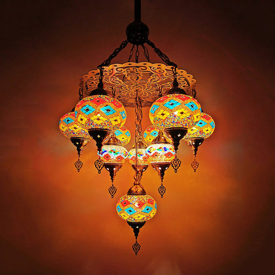 Traditional Oval Chandelier Lamp - Hand Cut Glass, White/Yellow/Orange - 10 Lights - Ideal for Dining Room Suspension Light