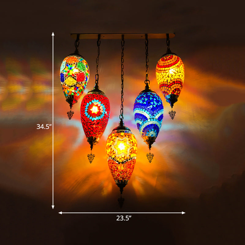 Vintage Stained Glass Multi-Light Pendant Ceiling Lamp - Waterdrop Bedroom Décor, 5 Heads (Red/Yellow/Orange)