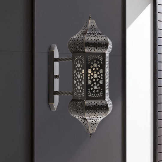 Outdoor Arab Lantern Wall Sconce - 1 Light Metallic Black Wall Mount Lamp