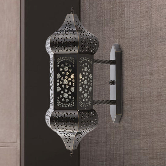 Outdoor Arab Lantern Wall Sconce - 1 Light Metallic Black Wall Mount Lamp