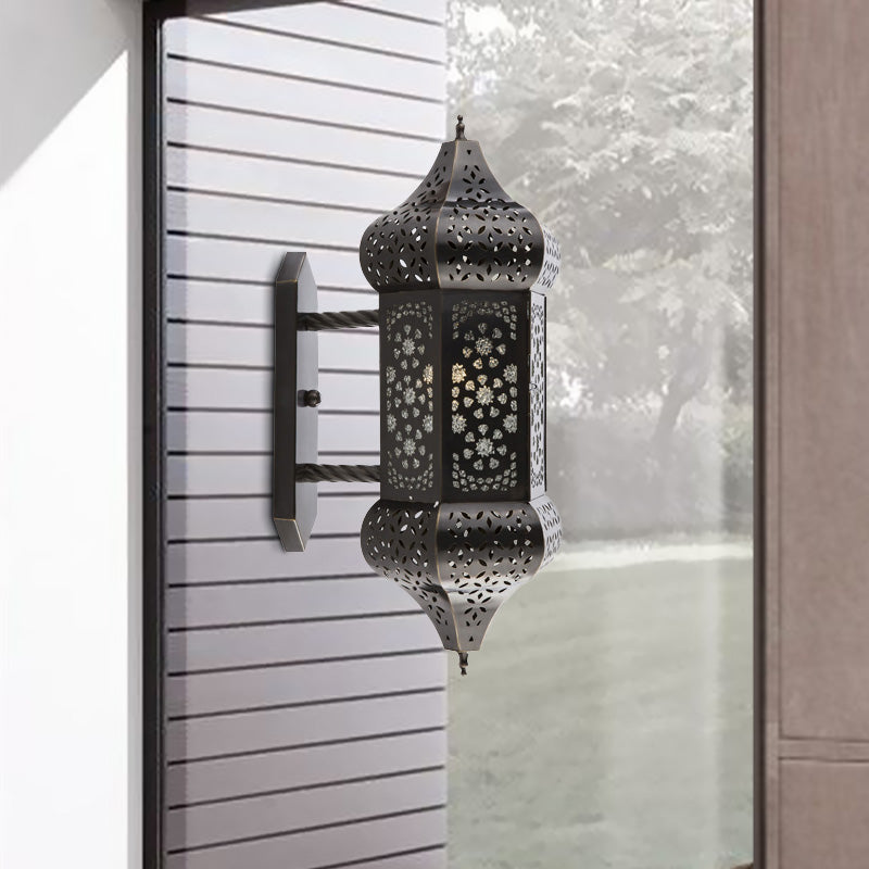 Outdoor Arab Lantern Wall Sconce - 1 Light Metallic Black Wall Mount Lamp