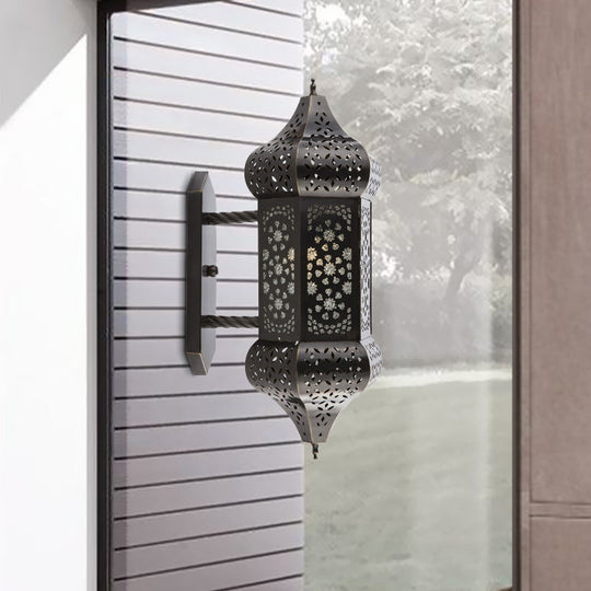 Outdoor Arab Lantern Wall Sconce - 1 Light Metallic Black Wall Mount Lamp