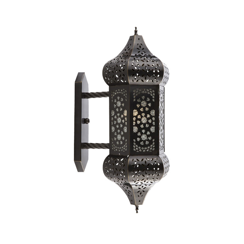 Outdoor Arab Lantern Wall Sconce - 1 Light Metallic Black Wall Mount Lamp
