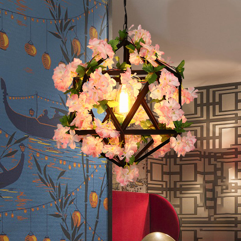 10.5"/15" Metal Ceiling Light: Antique Pink/Green Geometric Restaurant LED Down Lighting with Plant/Cherry Blossom Design