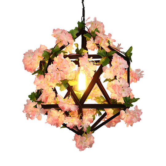 10.5"/15" Metal Ceiling Light: Antique Pink/Green Geometric Restaurant LED Down Lighting with Plant/Cherry Blossom Design