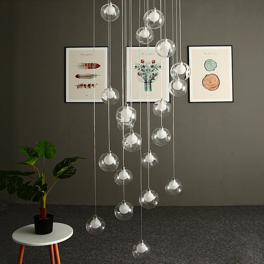 Modernist Glass Pendant Light with 16 Clear Dimpled Balls in White