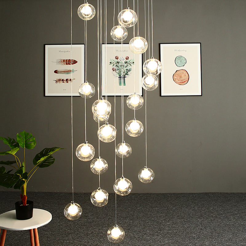 Modernist Glass Pendant Light with 16 Clear Dimpled Balls in White