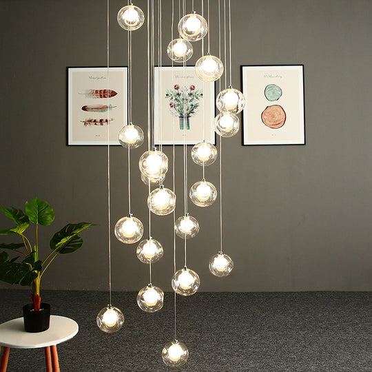 Modernist Glass Pendant Light with 16 Clear Dimpled Balls in White
