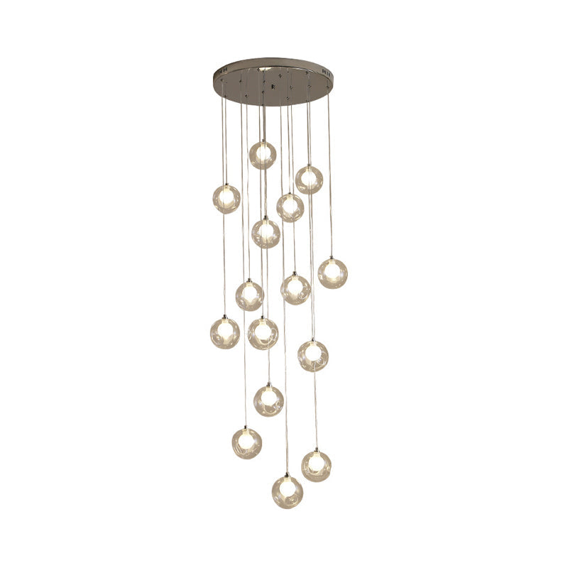 Modernist Glass Pendant Light with 16 Clear Dimpled Balls in White