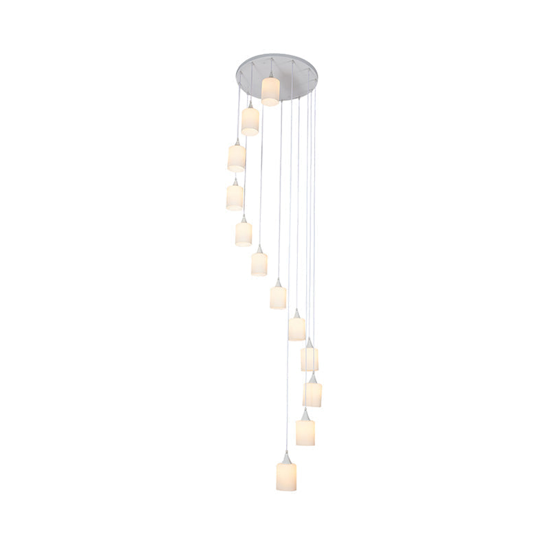 Contemporary Milk Glass Spiral Stair Pendant Light - 12 Heads, White, Round/Square - Hanging Lamp