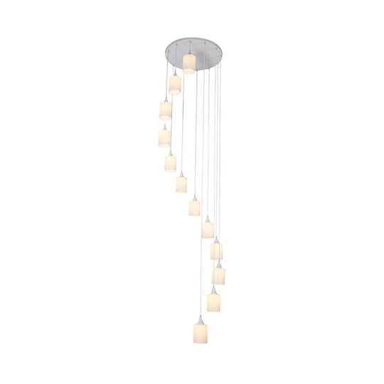 Contemporary Milk Glass Spiral Stair Pendant Light - 12 Heads, White, Round/Square - Hanging Lamp