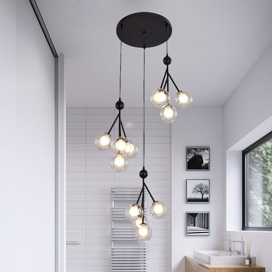 Modern Black/Gold 12-Bulb Multi-Light Pendant LED Hanging Lamp with Clear/Amber/Smoke Gray Glass Spheres