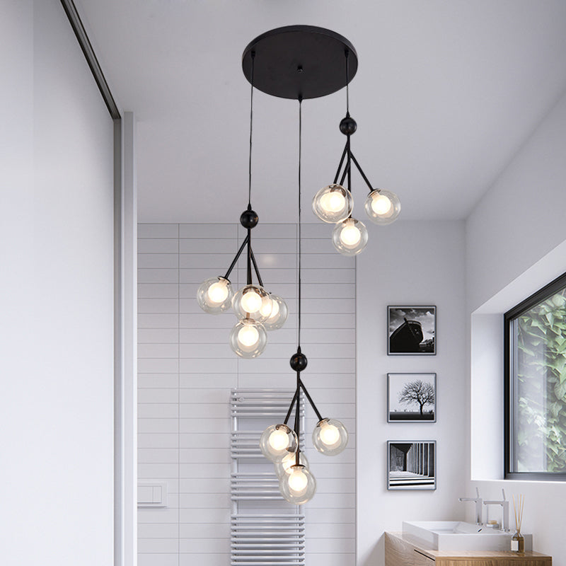 Modern Black/Gold 12-Bulb Multi-Light Pendant LED Hanging Lamp with Clear/Amber/Smoke Gray Glass Spheres