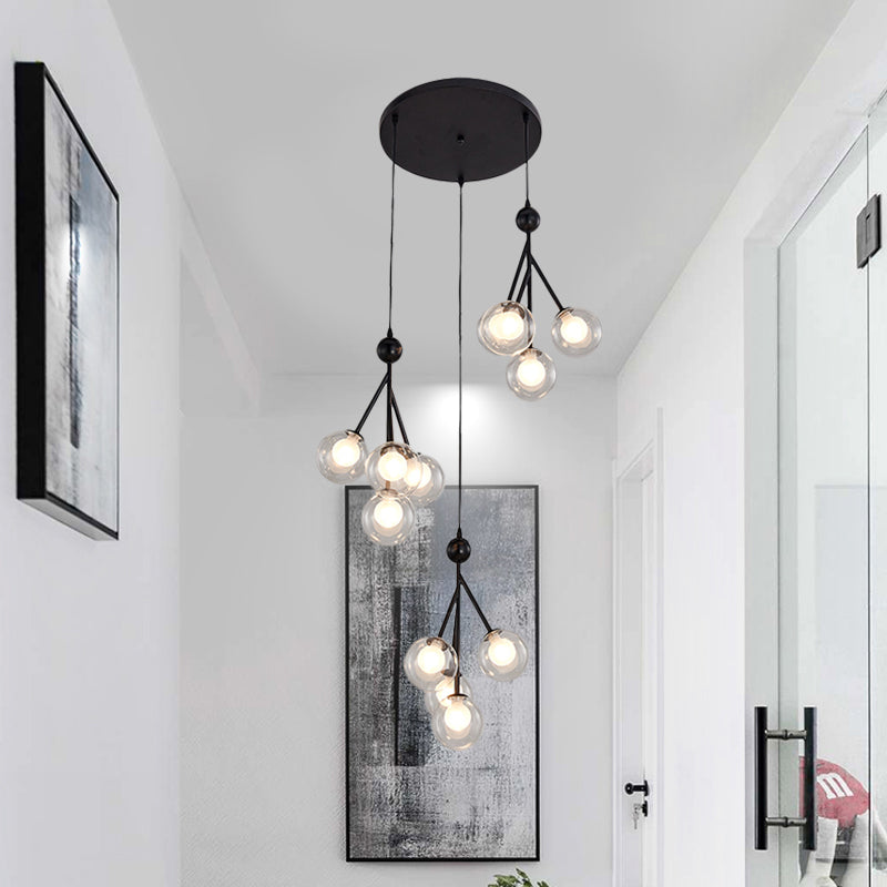Modern Black/Gold 12-Bulb Multi-Light Pendant LED Hanging Lamp with Clear/Amber/Smoke Gray Glass Spheres