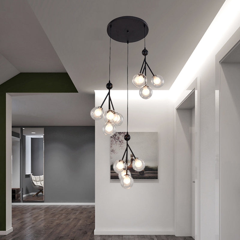 Modern Black/Gold 12-Bulb Multi-Light Pendant LED Hanging Lamp with Clear/Amber/Smoke Gray Glass Spheres