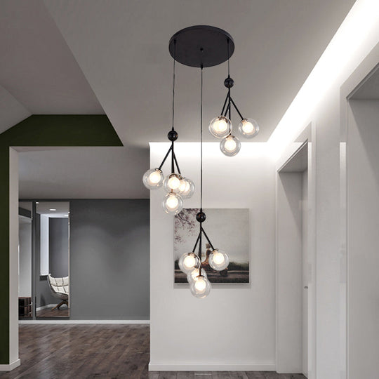 Modern Black/Gold 12-Bulb Multi-Light Pendant LED Hanging Lamp with Clear/Amber/Smoke Gray Glass Spheres