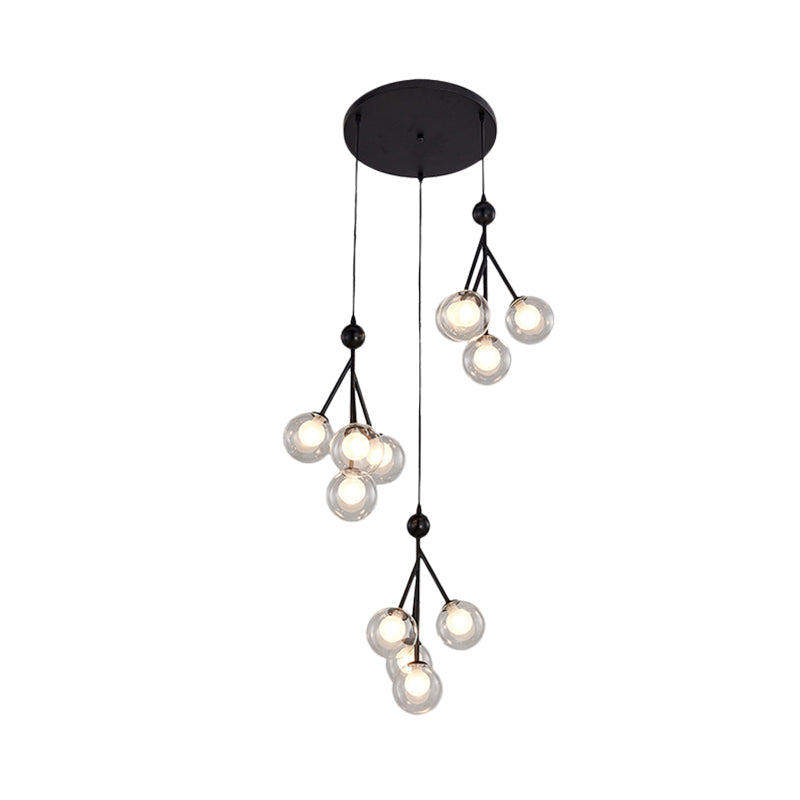 Modern Black/Gold 12-Bulb Multi-Light Pendant LED Hanging Lamp with Clear/Amber/Smoke Gray Glass Spheres