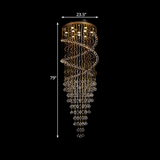 Modern 10-Head Spiral Hanging Lamp with Brass Finish, Clear Crystals, and LED Lights