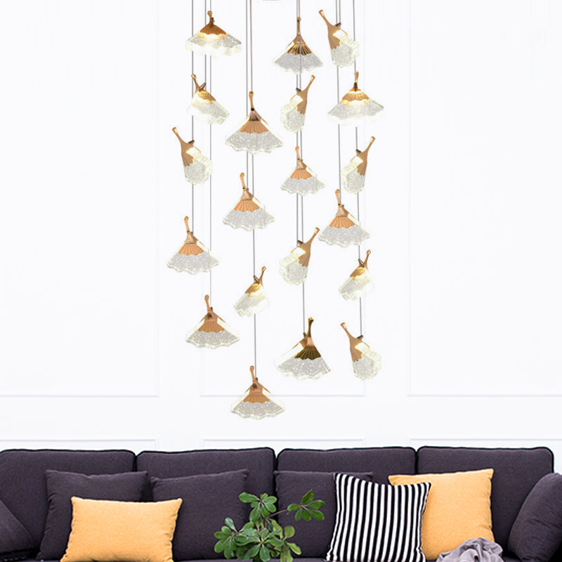 Gold Ginkgo Leaf Acrylic Pendant Light with 24 Suspended Heads for Stair Clusters