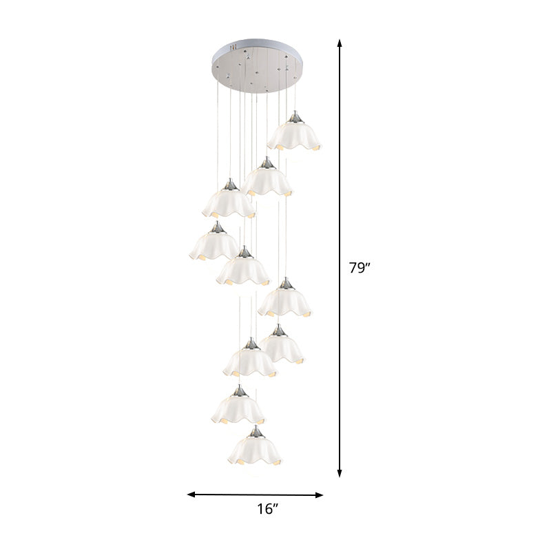 Modern 10-Light White Glass Scalloped Pendant Light for Living Room