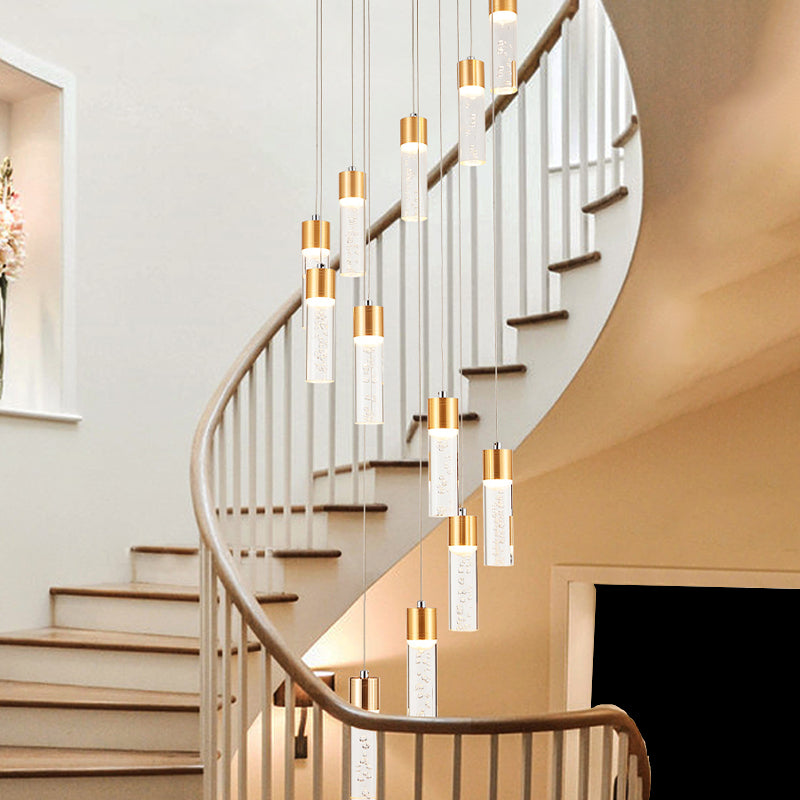 Modernist Gold/Silver Spiral Tube Pendant Lighting - 12 Heads Acrylic - Multiple Hanging Lamp for Staircases