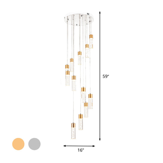 Modernist Gold/Silver Spiral Tube Pendant Lighting - 12 Heads Acrylic - Multiple Hanging Lamp for Staircases