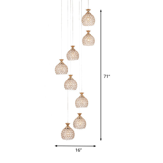 Modern Brass Suspension Pendant Lamp with 8 Crystal Dome Shades