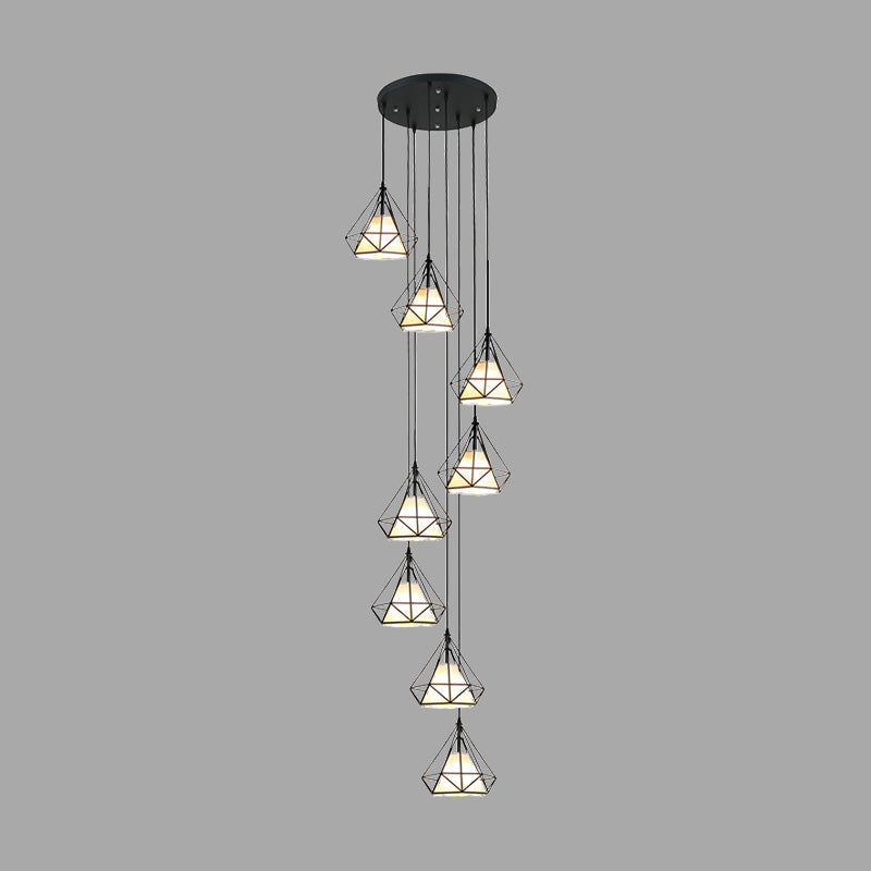 Modern Iron 8-Bulb Black Diamond Cage Ceiling Light Pendant Chandelier for Living Room