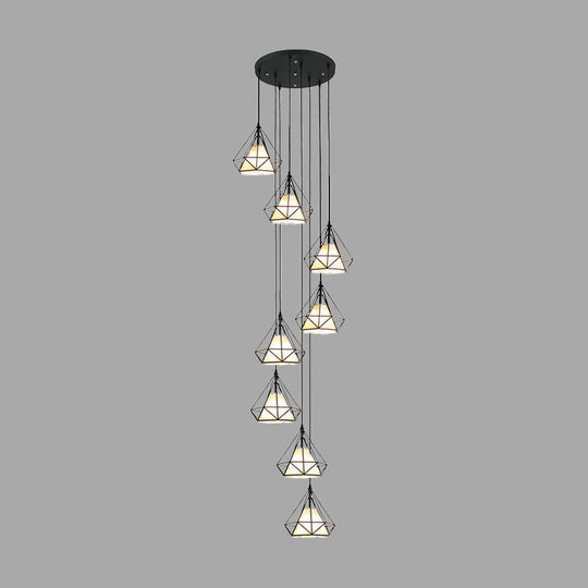 Modern Iron 8-Bulb Black Diamond Cage Ceiling Light Pendant Chandelier for Living Room
